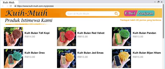 Laman web Kuih-Muih dengan enam jenis kuih bulan dan harga RM13 hingga RM15