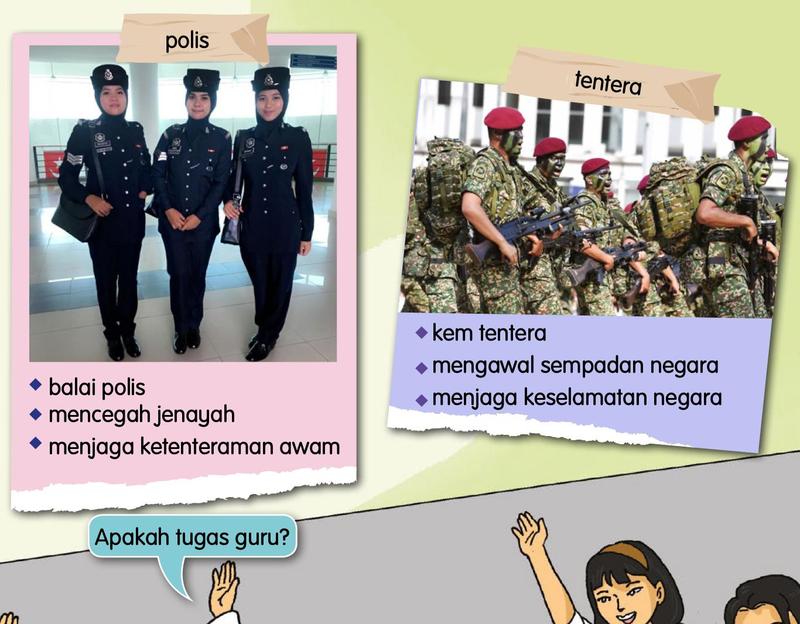 Gambar polis wanita dan tentera berbaris dengan senarai tugas masing-masing