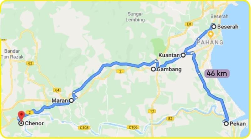 Peta yang menunjukkan Kuantan, Pekan, Chenor, Beserah, Gambang dan Maran