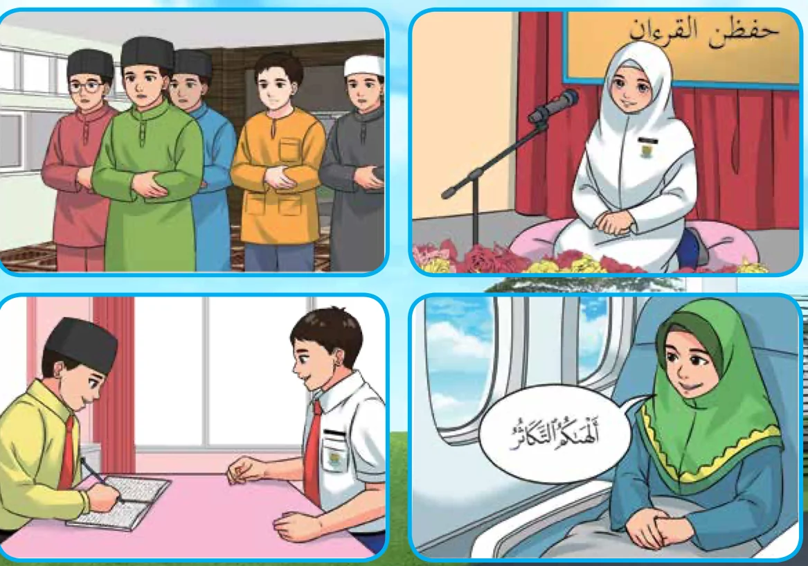 Empat gambar murid: solat berjemaah, murid duduk di pentas hafazan, dua murid di meja dengan buku, dan murid di dalam pesawat membaca ayat pertama
