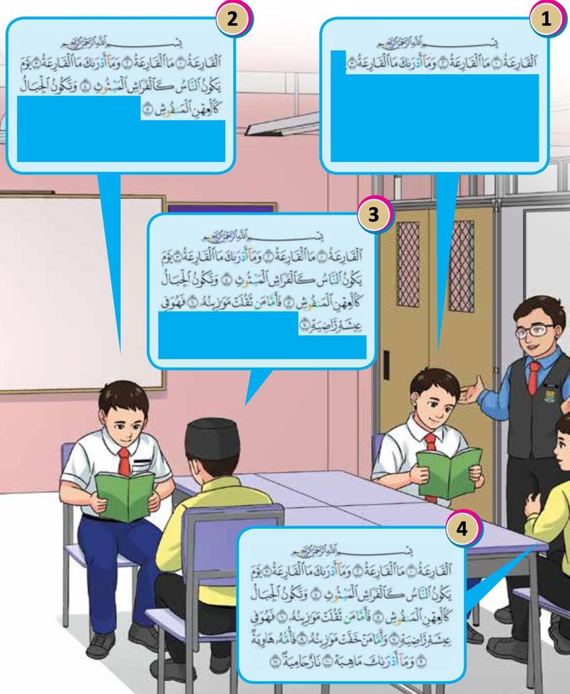 Empat murid menghafaz surah al-Qari'ah secara berperingkat, bahagian ayat yang belum dihafaz ditutup