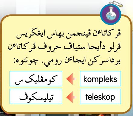 Kotak: perkataan pinjaman bahasa Inggeris dieja huruf demi huruf berdasarkan ejaan Rumi, contoh kompleks dan teleskop