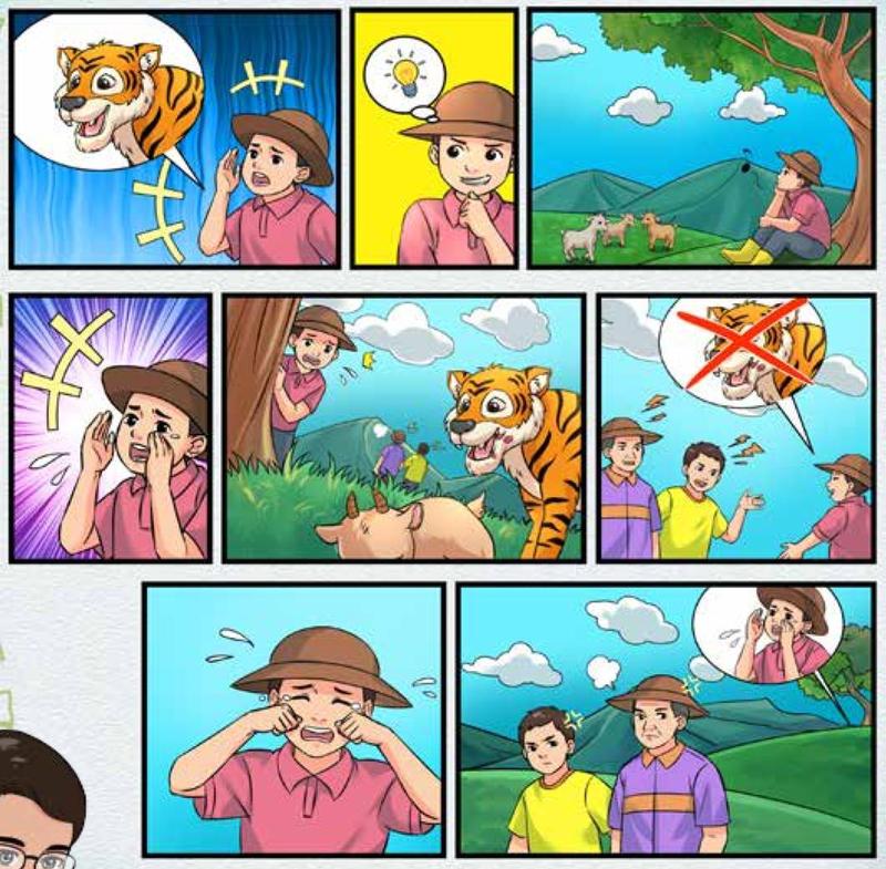 Komik akibat suka menipu: budak gembala menjerit harimau datang, orang kampung marah, kemudian harimau menerkam kambing