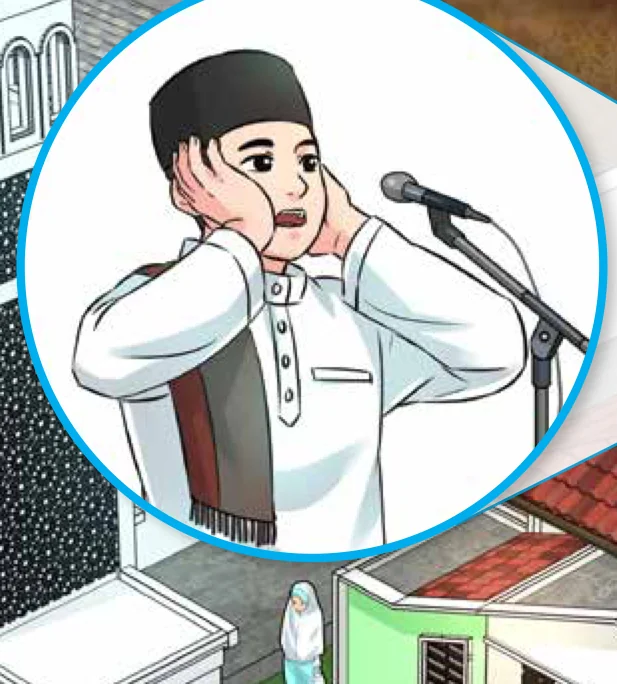 Seorang muazzin melaungkan azan di hadapan mikrofon sambil meletakkan tangan di telinga