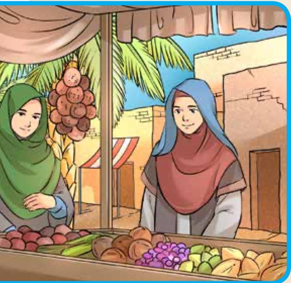 Dua wanita di gerai menjual buah-buahan
