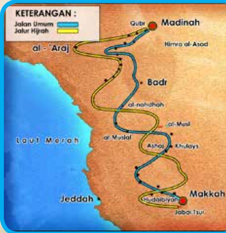 Peta Makkah ke Madinah. Garis biru ialah jalan umum dan garis kuning ialah jalur hijrah