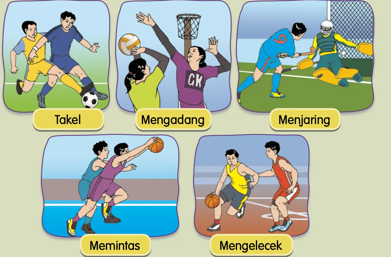 Lima gambar bernama: takel, mengadang, menjaring, memintas dan mengelecek