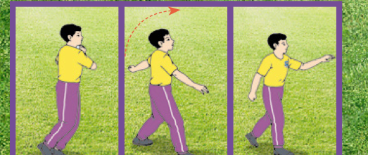 Murid membaling bola dengan tangan searas bahu