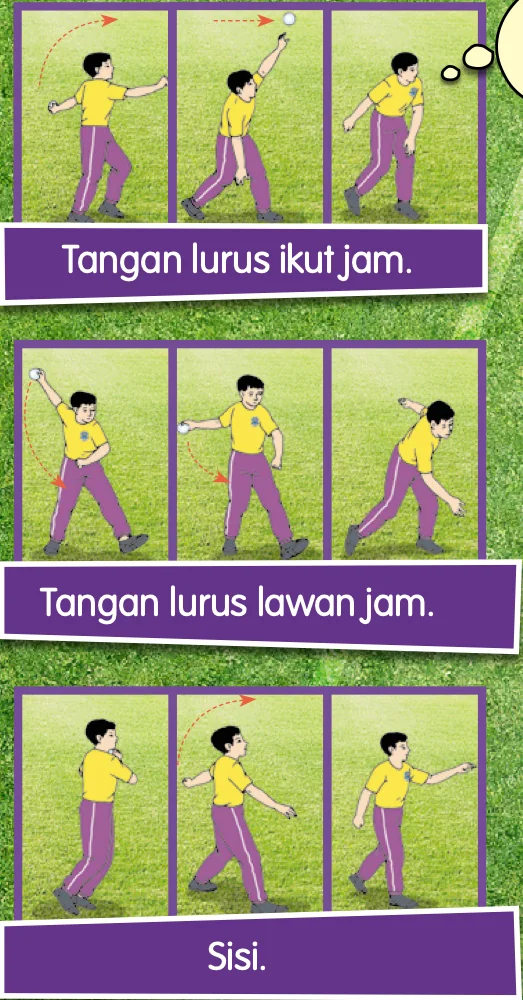Tiga urutan membaling: tangan lurus ikut jam, tangan lurus lawan jam dan sisi