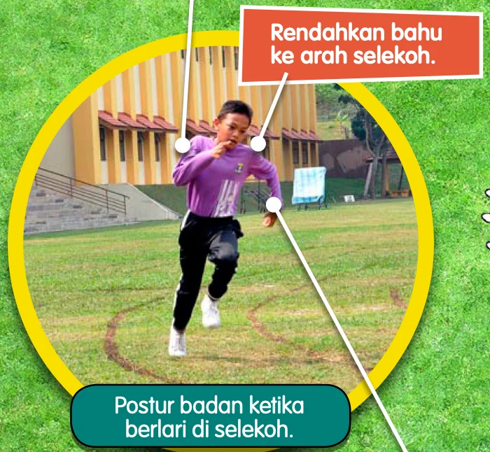 Murid berlari di selekoh dengan bahu direndahkan