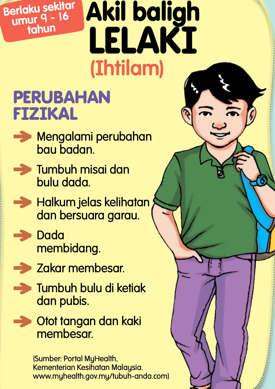 Perubahan fizikal lelaki: bau badan berubah, misai dan bulu dada, halkum jelas dan suara garau, dada membidang, zakar membesar, bulu di ketiak dan pubis, otot tangan dan kaki membesar