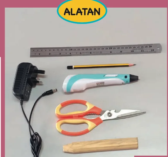 Alat untuk kapal terbang mini: pembaris logam, pensel, pen 3D, adaptor, gunting dan kayu bulat