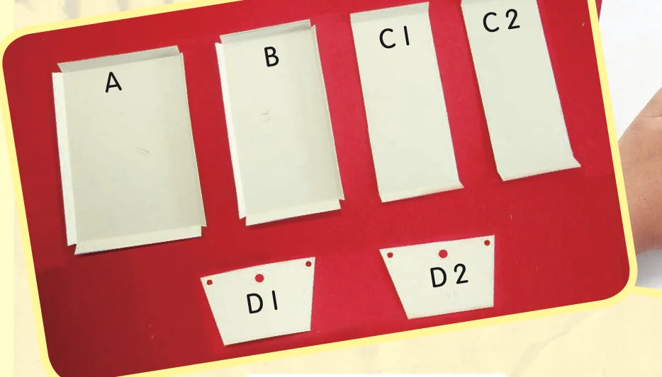 Enam bahagian bod lekap yang dipotong: A, B, C1, C2, D1 dan D2