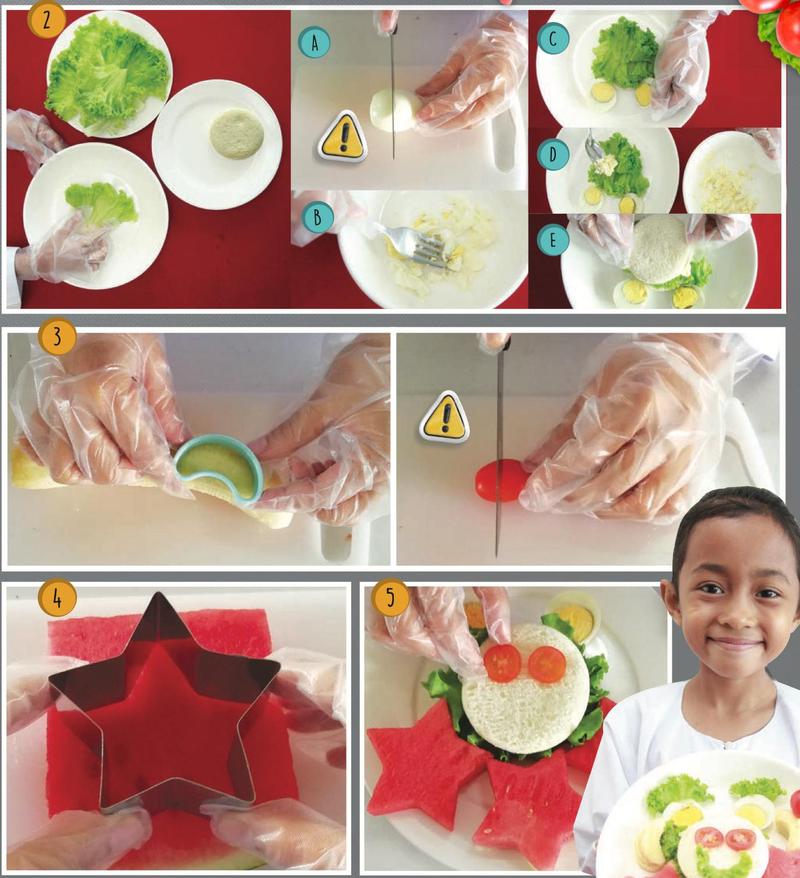 Gambar langkah 2 hingga 5: menghiris dan melenyek telur, menekap pisang dan memotong tomato, menekap tembikai dengan acuan bintang dan menyusun sandwic