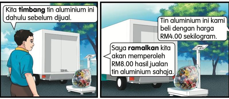 Seorang murid menimbang tin aluminium sebelum dijual dan seorang lagi meramalkan hasil jualan