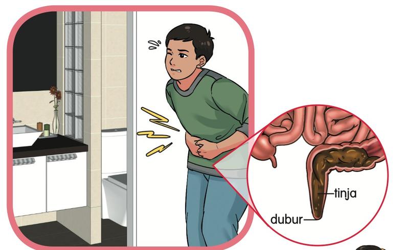 Seorang budak lelaki memegang perutnya kerana mahu ke tandas, dengan gambar dekat tinja yang akan keluar melalui dubur