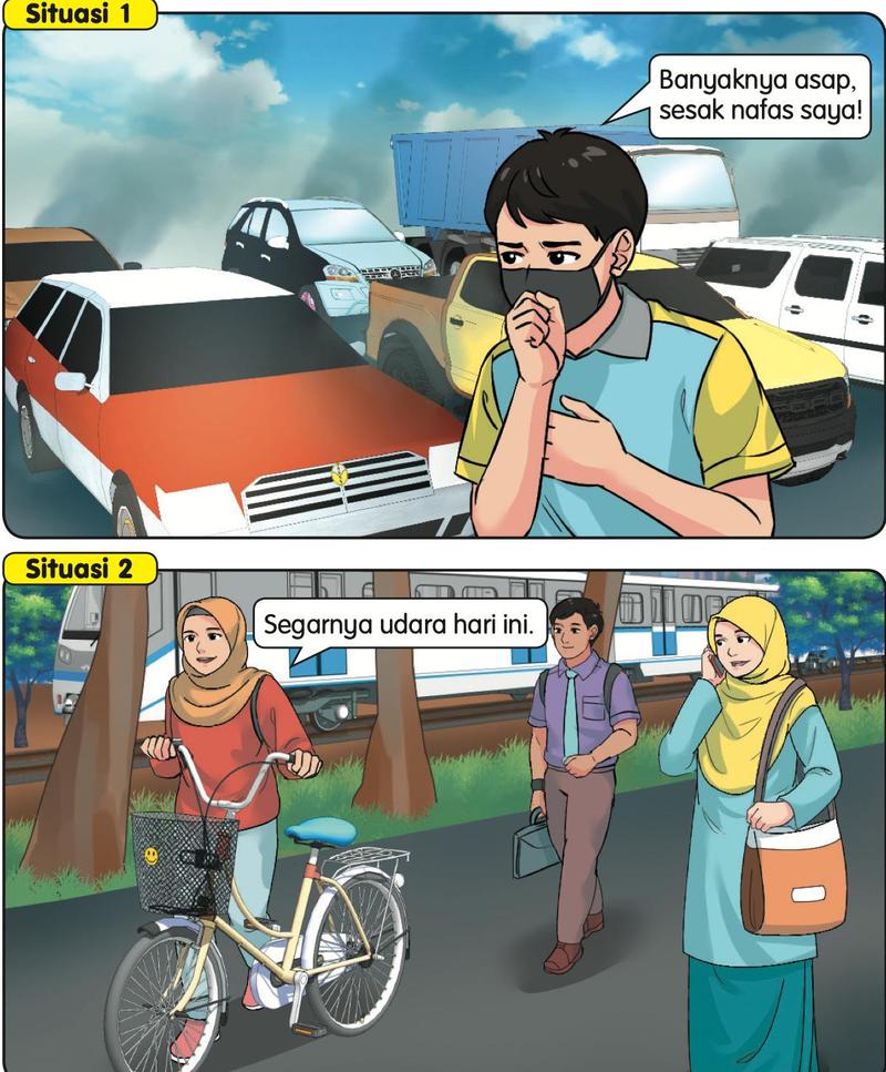 Situasi 1: jalan raya sesak dengan kenderaan dan asap; Situasi 2: orang berbasikal dan berjalan kaki dengan kereta api di belakang