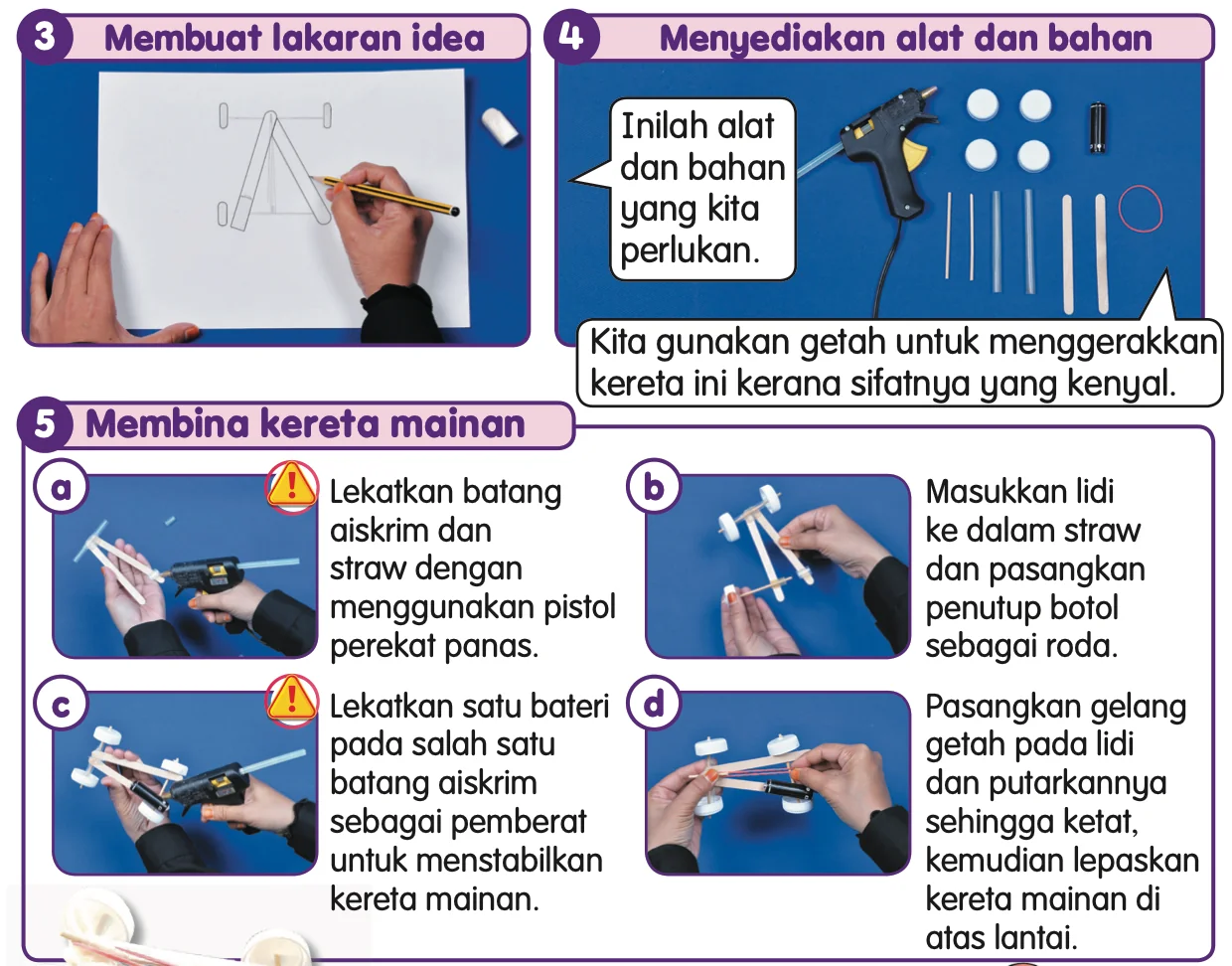 Langkah membuat lakaran, menyediakan alat dan bahan, dan membina kereta mainan