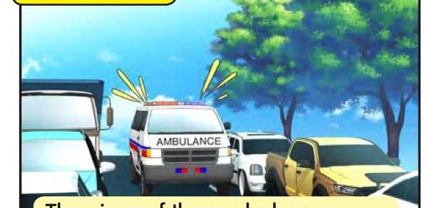An ambulance with its siren on, in traffic