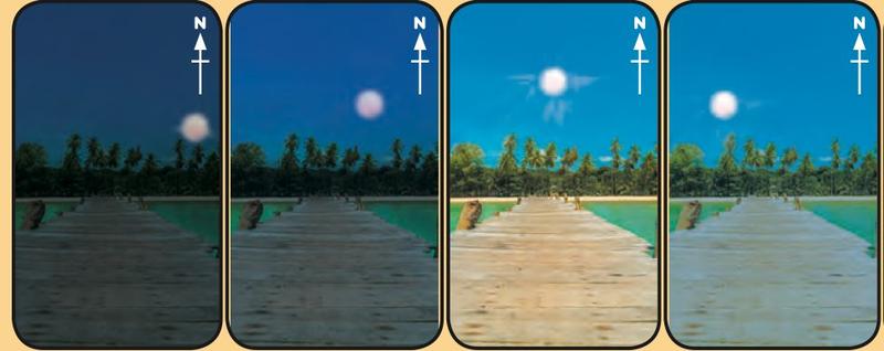 Four pictures of a jetty and sea with the Sun in different positions in the sky