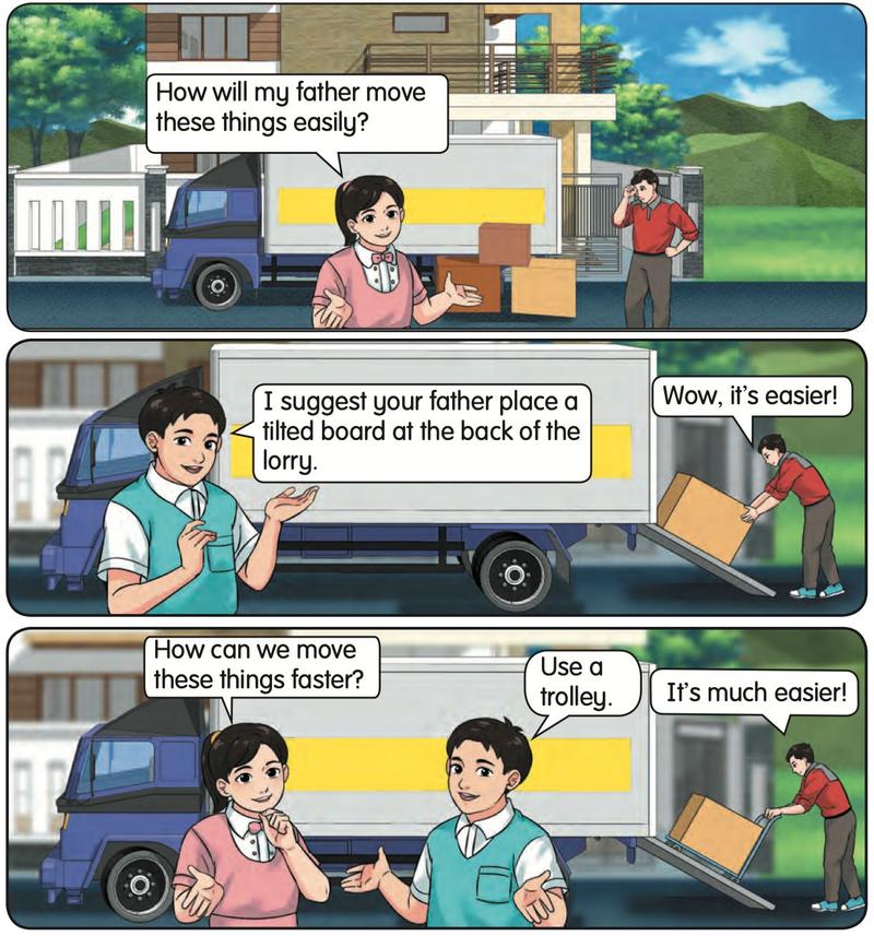 A girl and her father with a lorry; a tilted board and a trolley help move boxes