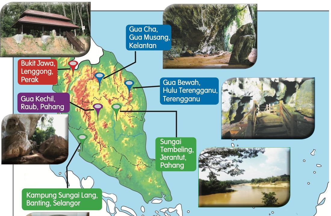 Peta Semenanjung Malaysia dengan penanda merah, biru, ungu dan hijau serta nama lokasi