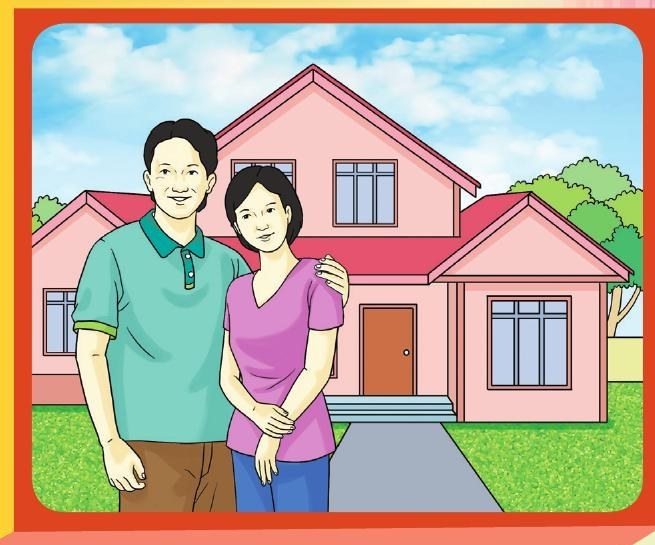 Seorang bapa dan seorang ibu berdiri di hadapan rumah mereka