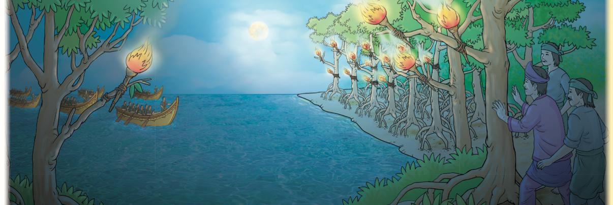 Jamung bernyala dipasang pada pokok bakau di tepi pantai, manakala bot-bot berada di laut pada waktu malam