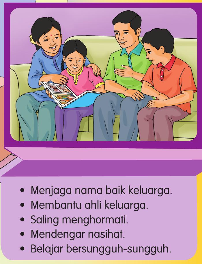 Sebuah keluarga duduk di sofa melihat album gambar dengan senarai peranan anak-anak