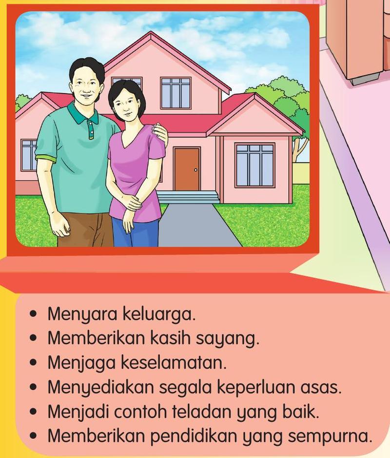 Bapa dan ibu berdiri di hadapan rumah dengan senarai peranan ibu bapa