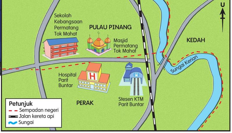 Pelan lokasi sekolah menunjukkan sekolah, masjid, hospital, stesen KTM, jalan kereta api dan Sungai Kerian