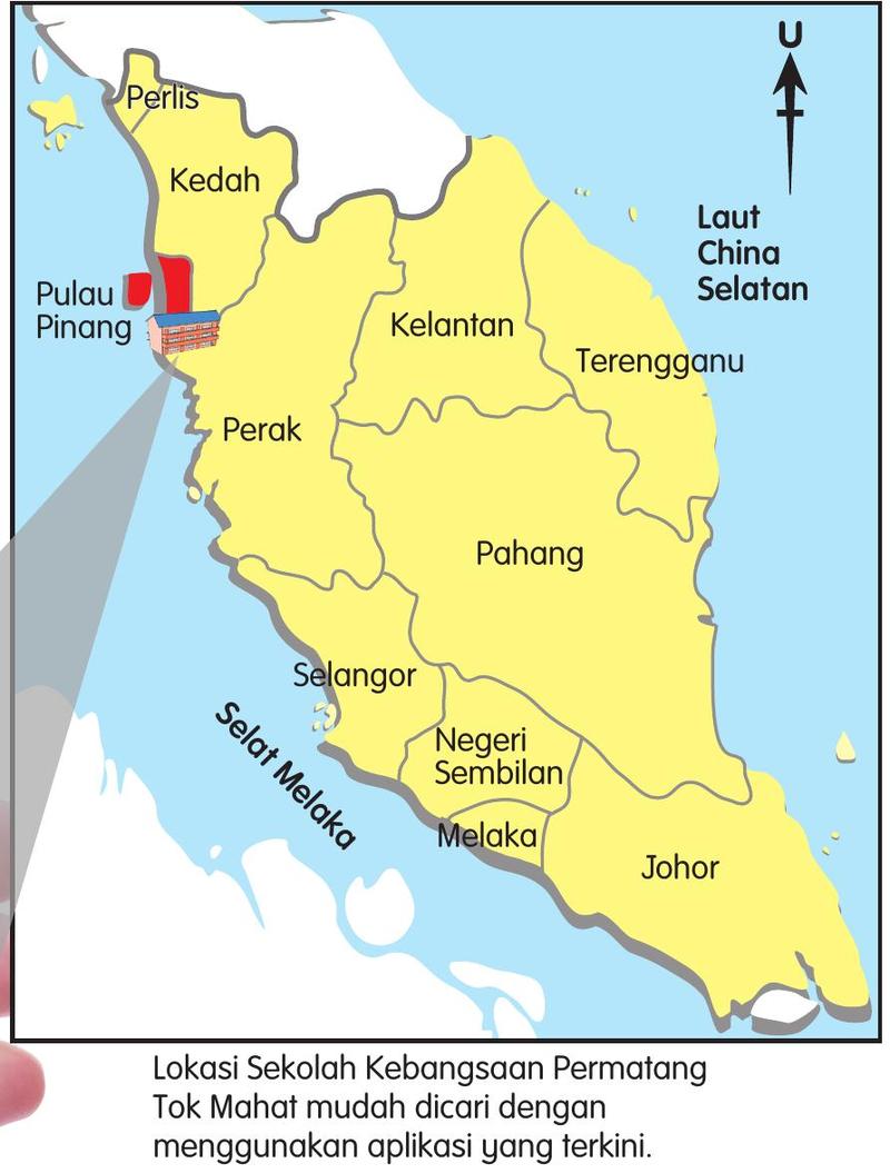 Peta Semenanjung Malaysia dengan sekolah ditunjukkan di Pulau Pinang dan telefon pintar memaparkan aplikasi peta