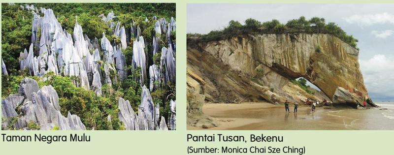 Gua batu kapur Taman Negara Mulu dan batu berbentuk lengkungan di Pantai Tusan