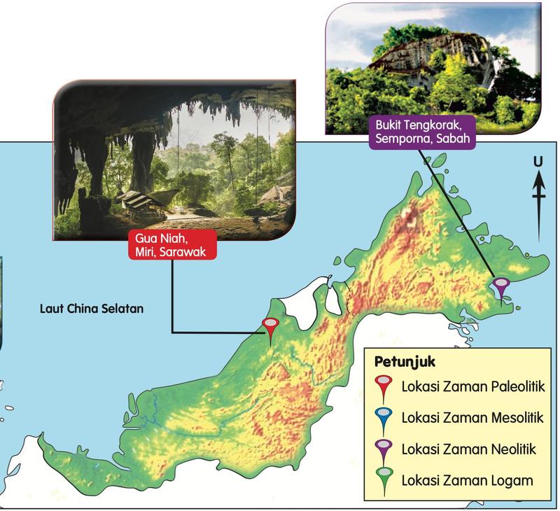 Peta Sabah dan Sarawak dengan lokasi zaman prasejarah