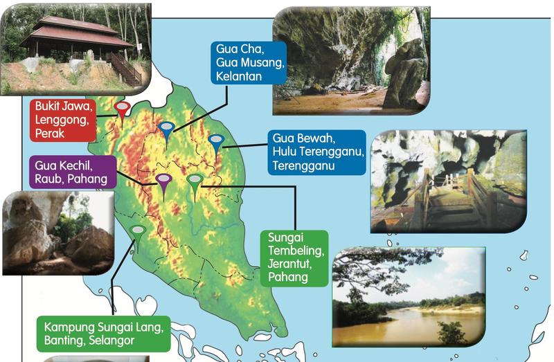Peta Semenanjung Malaysia dengan penanda lokasi zaman prasejarah