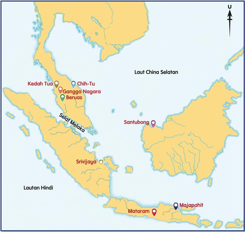 Peta Kepulauan Melayu menunjukkan lokasi Kedah Tua, Chih-Tu, Gangga Nagara, Beruas, Santubong, Srivijaya, Mataram dan Majapahit