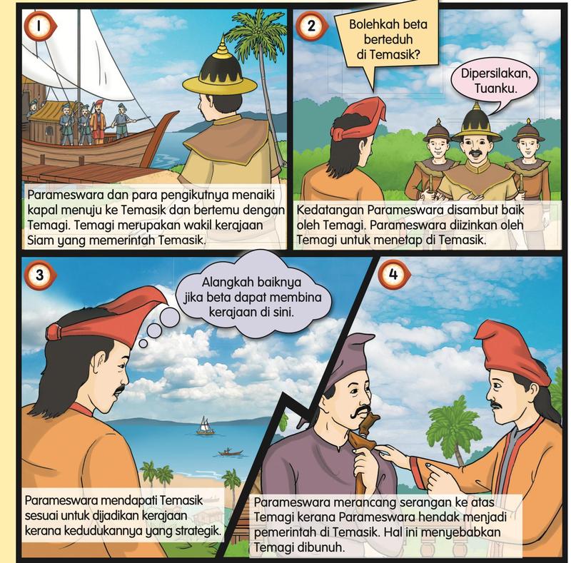 Komik panel 1 hingga 4: Parameswara tiba di Temasik dan bertemu Temagi