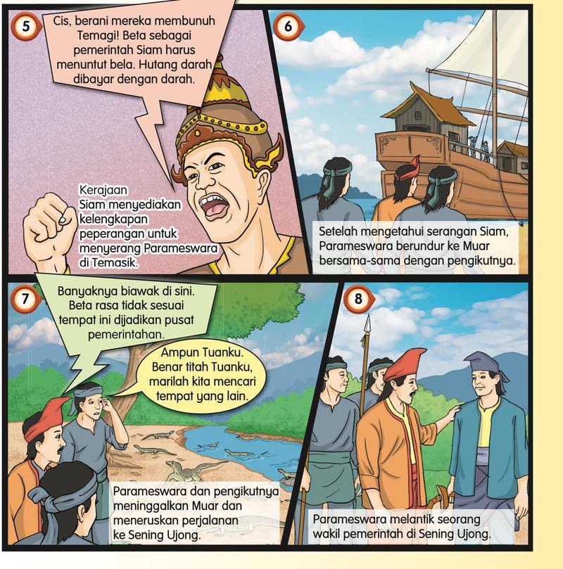 Komik panel 5 hingga 8: serangan Siam, berundur ke Muar dan Sening Ujong