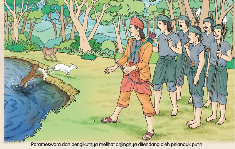 Parameswara dan pengikut melihat pelanduk putih menendang anjing ke dalam sungai
