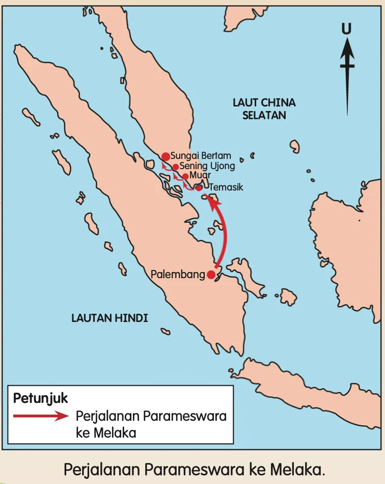 Peta perjalanan Parameswara dari Palembang ke Temasik, Muar, Sening Ujong dan Sungai Bertam