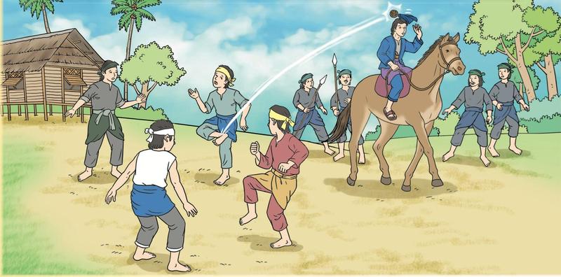 Bola raga yang disepak jatuh mengenai destar seorang lelaki berkuda di tepi kampung