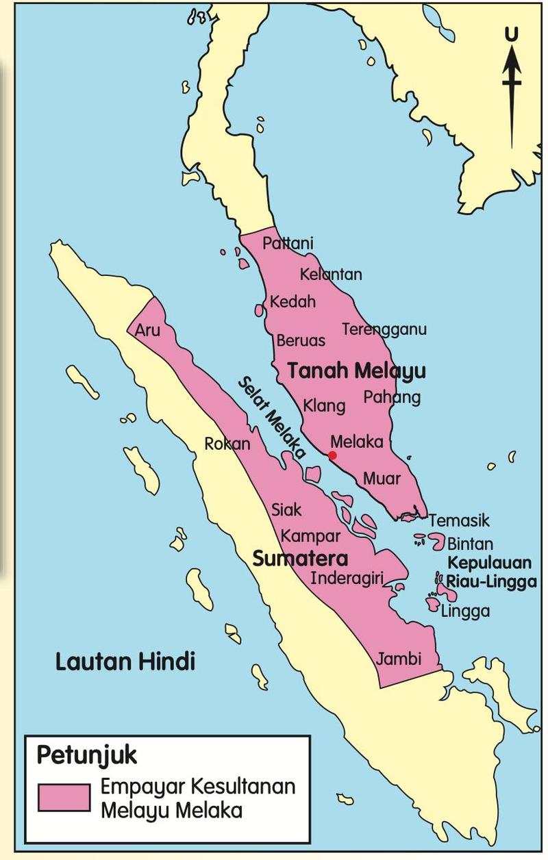 Peta Empayar Kesultanan Melayu Melaka berwarna merah jambu meliputi Tanah Melayu, pantai timur Sumatera dan Kepulauan Riau-Lingga