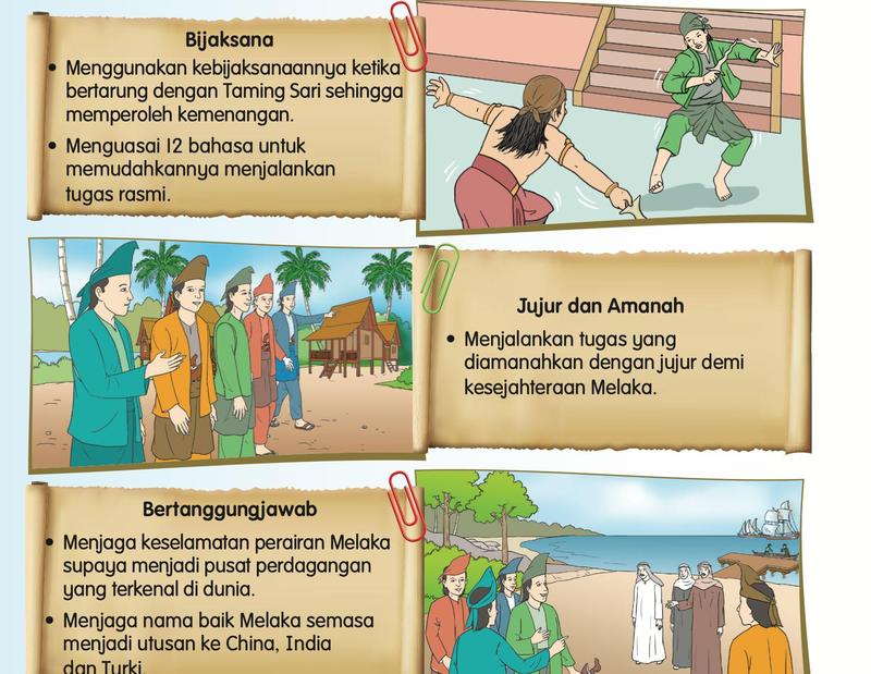 Gambar Hang Tuah bertarung, sahabat-sahabat di kampung dan utusan di pantai, dengan kad kualiti bijaksana, jujur dan amanah, bertanggungjawab