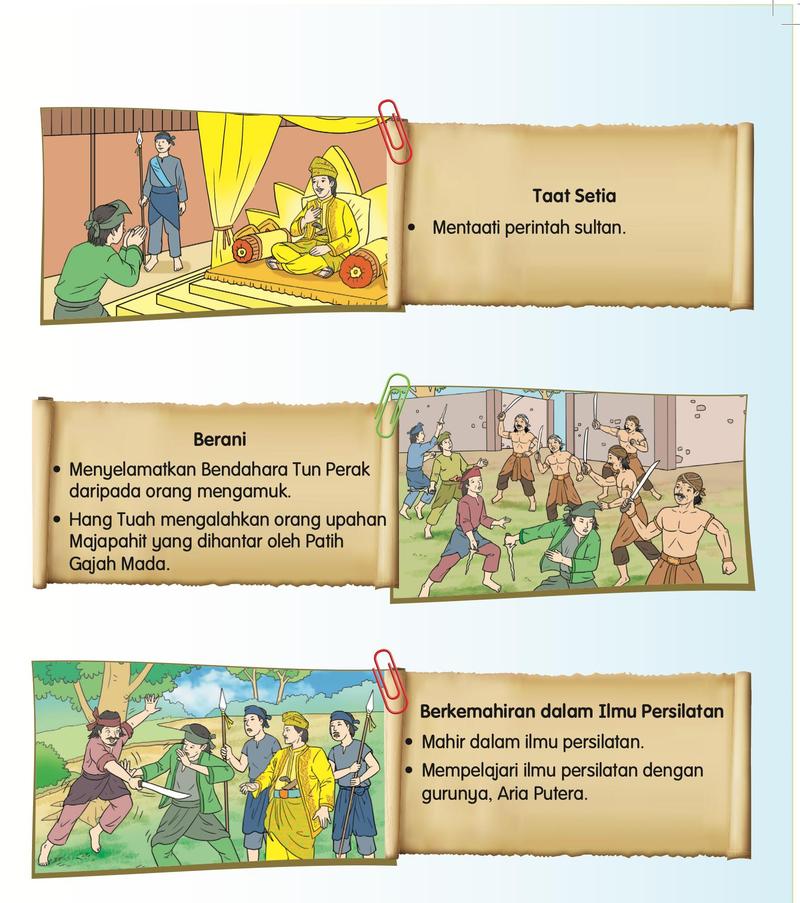 Gambar Hang Tuah menghadap sultan, orang mengamuk dan latihan silat, dengan kad taat setia, berani, berkemahiran dalam ilmu persilatan