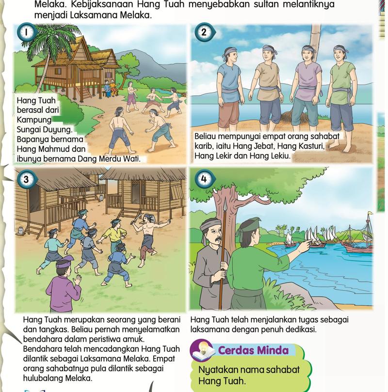 Empat gambar: kampung Hang Tuah, empat sahabatnya, peristiwa amuk dan Hang Tuah memandang kapal di pelabuhan