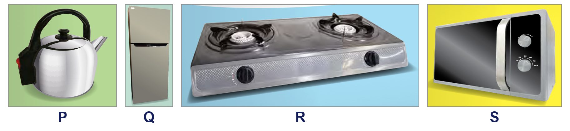 Empat perkakas: P cerek keluli, Q peti ais dua pintu, R dapur gas dua tungku, S ketuhar mikro