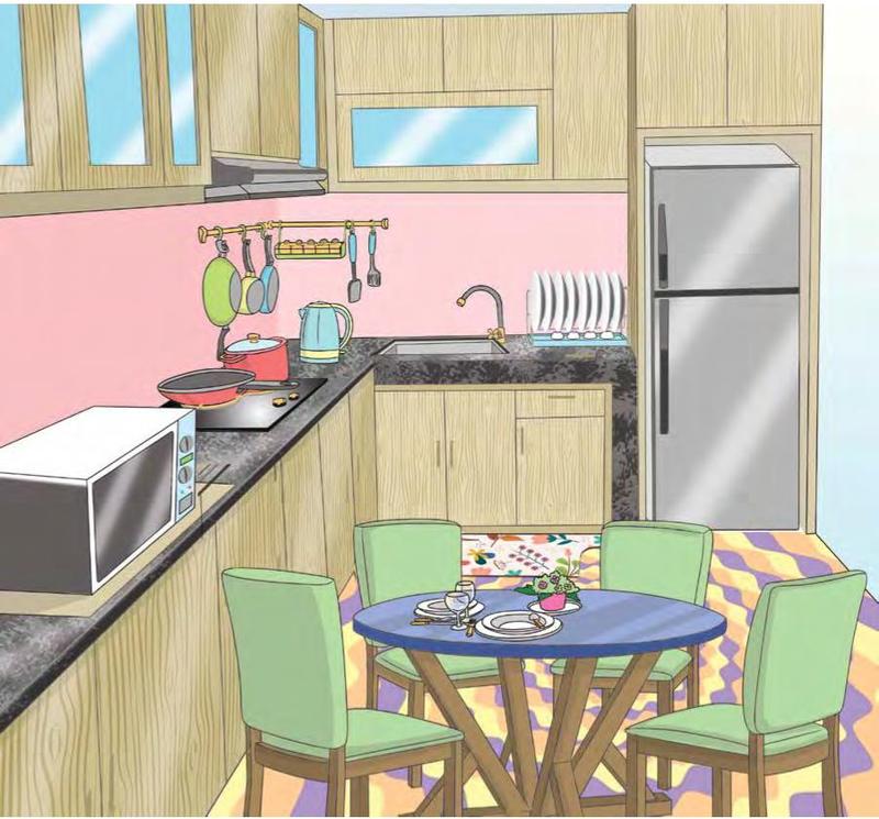 Dapur dengan peti ais, ketuhar gelombang mikro, dapur gas, sinki, rak pinggan dan meja makan dengan empat kerusi