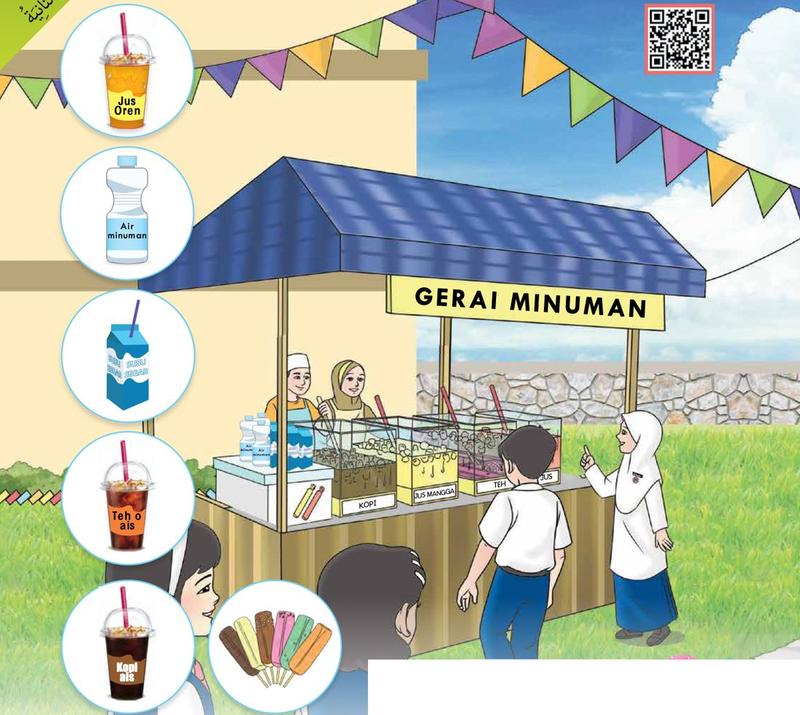 Gerai minuman di sekolah dengan gambar jus oren, air minuman, susu, teh o ais, kopi ais dan ais lolly