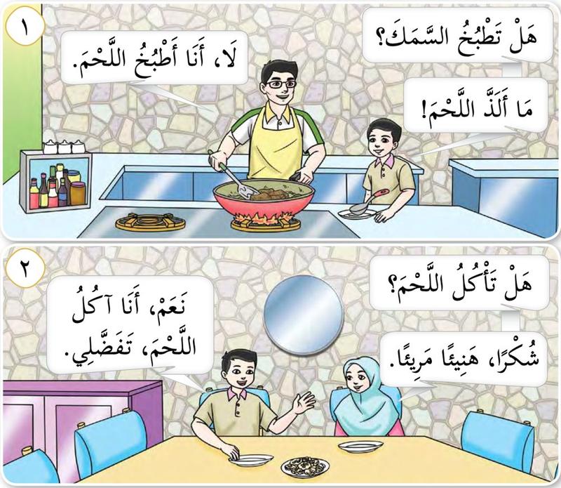 Dua babak: seorang bapa memasak daging di dapur, dan dua kanak-kanak makan daging di meja makan sambil berkata terima kasih
