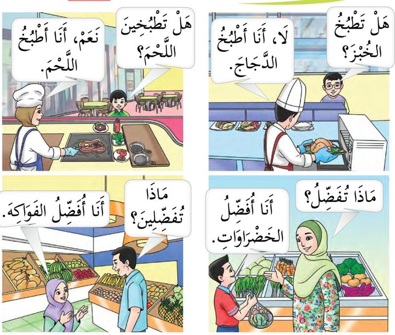 Empat babak: dua tukang masak di dapur menjawab soalan tentang masakan, dan dua pembeli di pasar memilih sayur dan buah